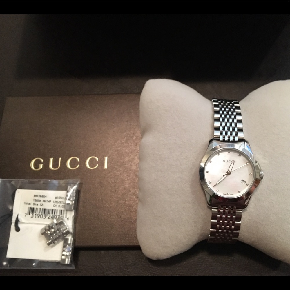 GUCCI PEARL DIAL DIAMOND STEEL WATCH